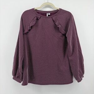 Elle Polka Dot Ruffle Top Purple Women Medium Long Sleeve Textured Knit Blouse